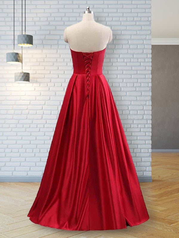 A-Line/Princess Strapless Sleeveless Sweep/Brush Train Beading Satin Dresses