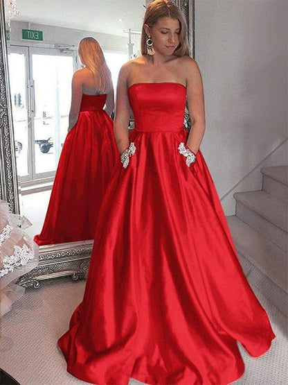 A-Line/Princess Strapless Sleeveless Sweep/Brush Train Beading Satin Dresses