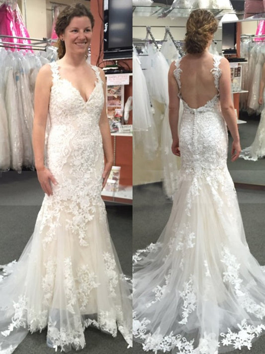 Trumpet/Mermaid Tulle Applique Straps Sleeveless Sweep/Brush Train Wedding Dresses