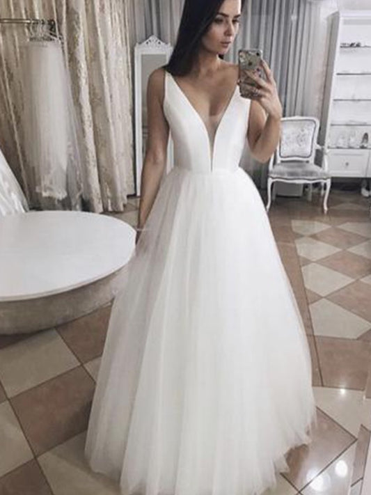 A-Line/Princess Tulle Ruffles V-neck Sleeveless Floor-Length Wedding Dresses