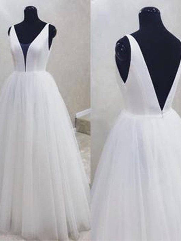 A-Line/Princess Tulle Ruffles V-neck Sleeveless Floor-Length Wedding Dresses