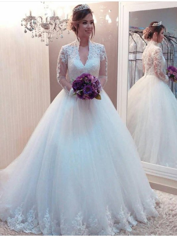Ball Gown Tulle Applique High Neck Long Sleeves Sweep/Brush Train Wedding Dresses