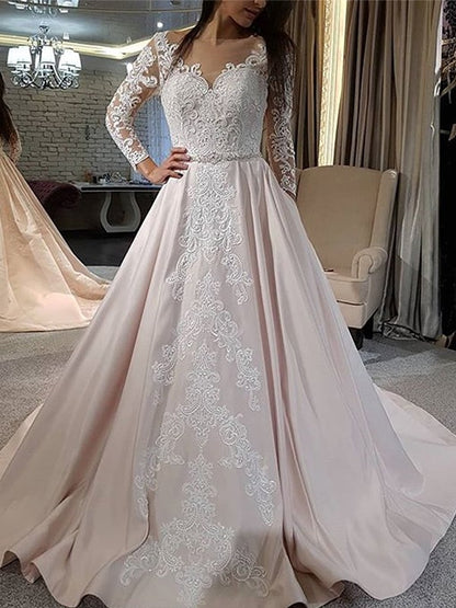 A-Line/Princess Satin Applique V-neck Long Sleeves Sweep/Brush Train Wedding Dresses