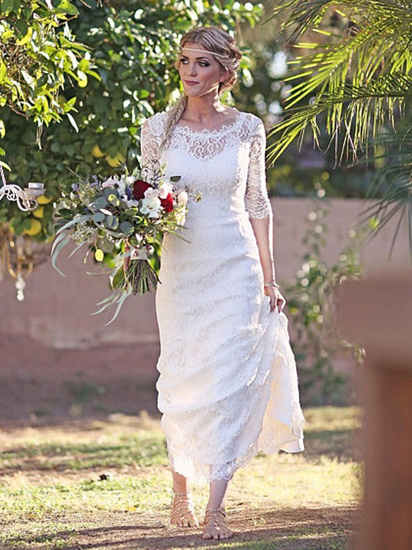 Sheath/Column Lace Bateau 1/2 Sleeves Sweep/Brush Train Wedding Dresses