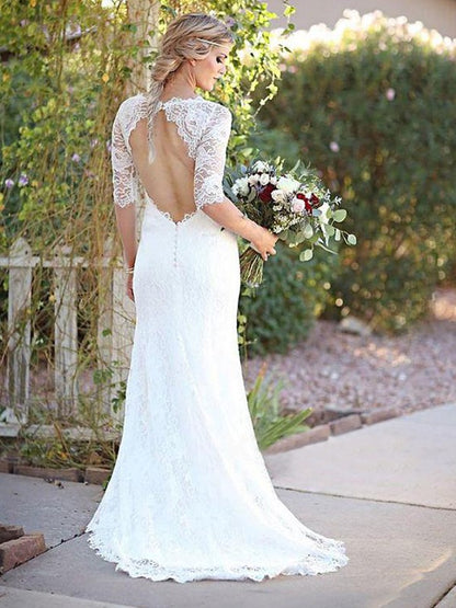 Sheath/Column Lace Bateau 1/2 Sleeves Sweep/Brush Train Wedding Dresses