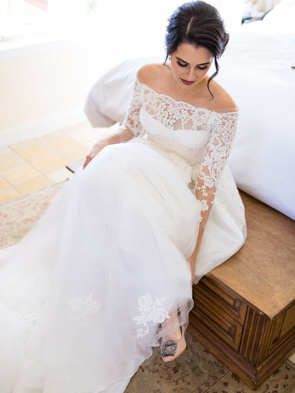 A-Line/Princess Tulle Lace Off-the-Shoulder Long Sleeves Sweep/Brush Train Wedding Dresses