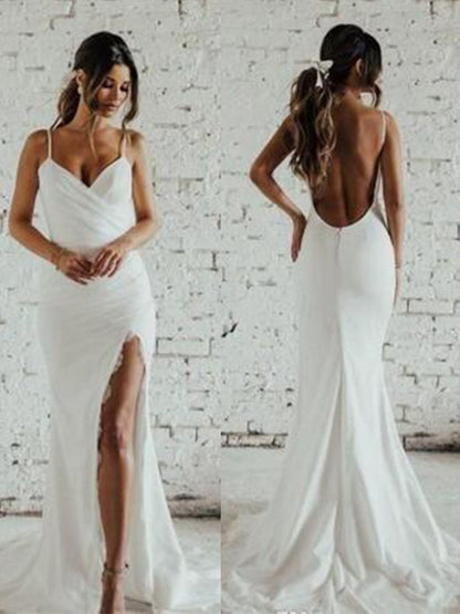 Sheath/Column Spaghetti Straps Ruched Sleeveless Sweep/Brush Train Wedding Dresses