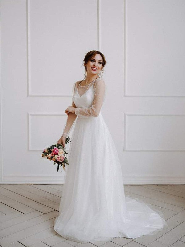 A-Line/Princess Tulle Beading Scoop Long Sleeves Sweep/Brush Train Wedding Dresses