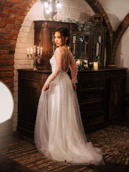 A-Line/Princess Tulle Beading Scoop Long Sleeves Sweep/Brush Train Wedding Dresses