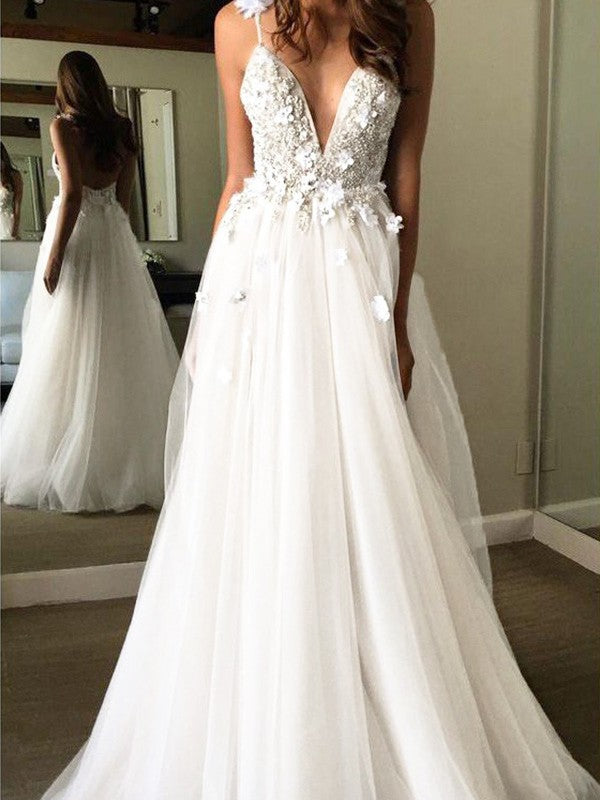 A-Line/Princess Tulle Beading V-neck Sleeveless Floor-Length Wedding Dresses