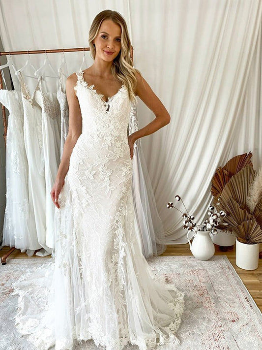 Trumpet/Mermaid Tulle Applique V-neck Sleeveless Sweep/Brush Train Wedding Dresses