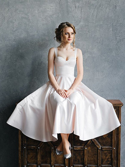 A-Line/Princess Straps Satin Ruffles Sleeveless Tea-Length Wedding Dresses