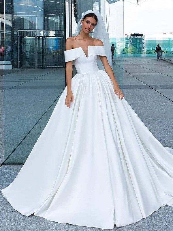 Ball Gown Satin Ruffles Off-the-Shoulder Sleeveless Court Train Wedding Dresses