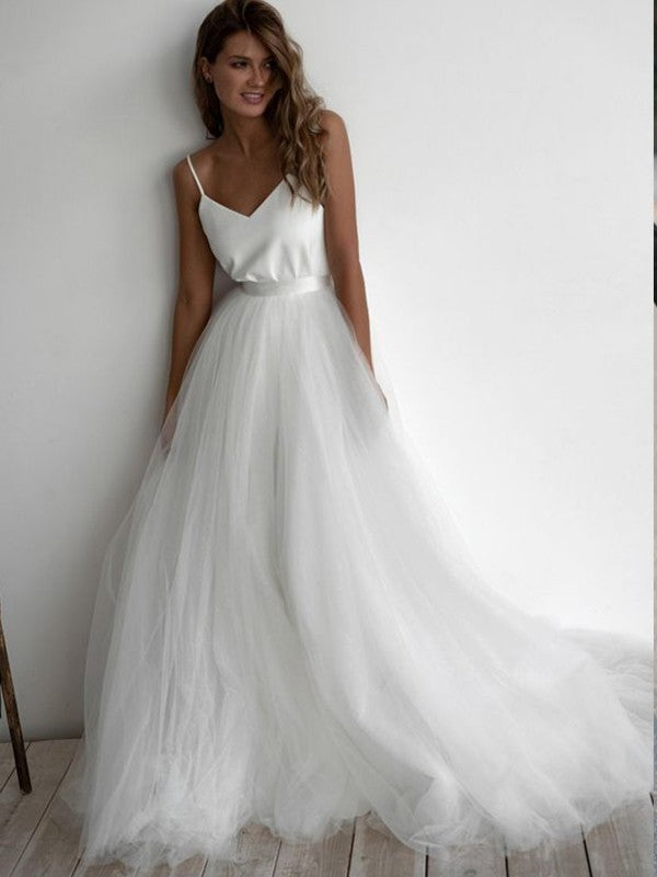 A-Line/Princess Spaghetti Straps Tulle Sleeveless Ruffles Sweep/Brush Train Wedding Dresses