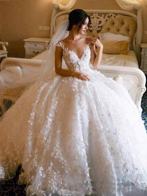 Ball Gown V-neck Tulle Sleeveless Floor-Length Applique Wedding Dresses