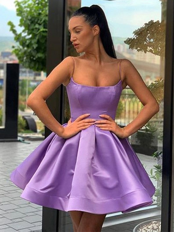 A-Line/Princess Square Satin Ruffles Sleeveless Short/Mini Homecoming Dresses