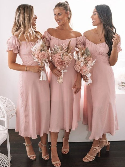 A-Line/Princess Sweetheart Chiffon Ruched Short Sleeves Tea-Length Bridesmaid Dresses