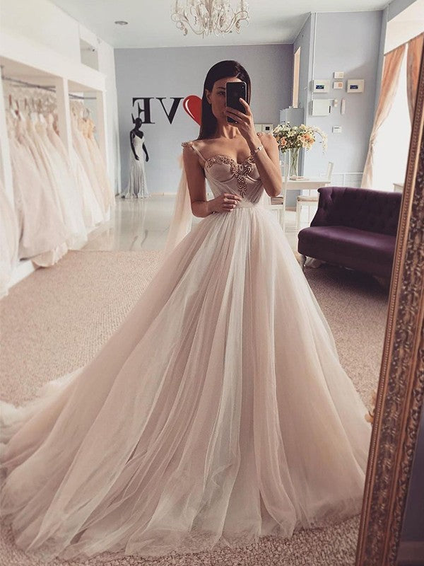 Ball Gown Sweetheart Tulle Ruffles Sleeveless Sweep/Brush Train Wedding Dresses