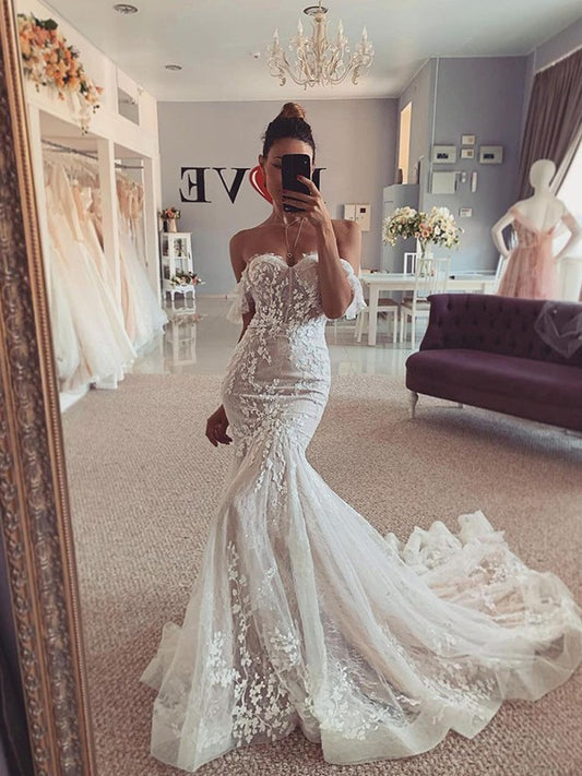 Trumpet/Mermaid Tulle Applique Sleeveless Off-the-Shoulder Sweep/Brush Train Wedding Dresses