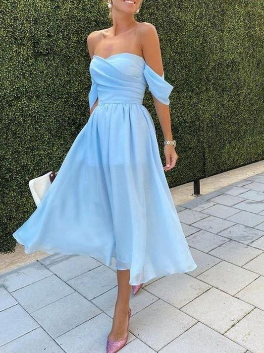 A-Line/Princess Chiffon Ruched Off-the-Shoulder Sleeveless Tea-Length Dresses