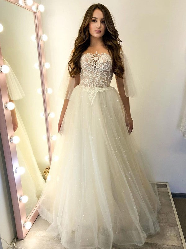 A-Line/Princess Lace Applique Off-the-Shoulder 1/2 Sleeves Floor-Length Wedding Dresses