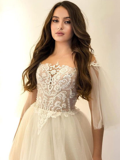 A-Line/Princess Lace Applique Off-the-Shoulder 1/2 Sleeves Floor-Length Wedding Dresses