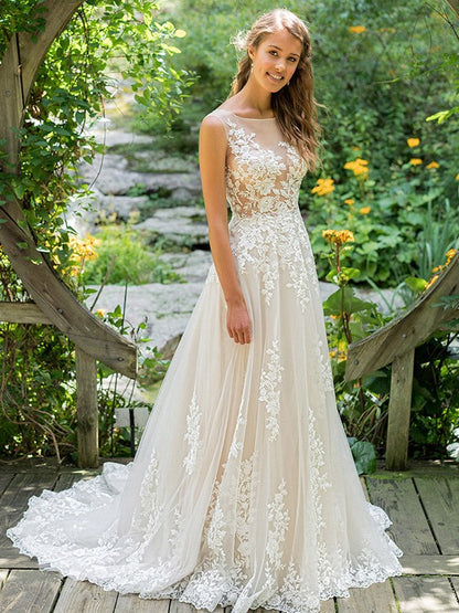 A-Line/Princess Lace Applique Scoop Sleeveless Sweep/Brush Train Wedding Dresses