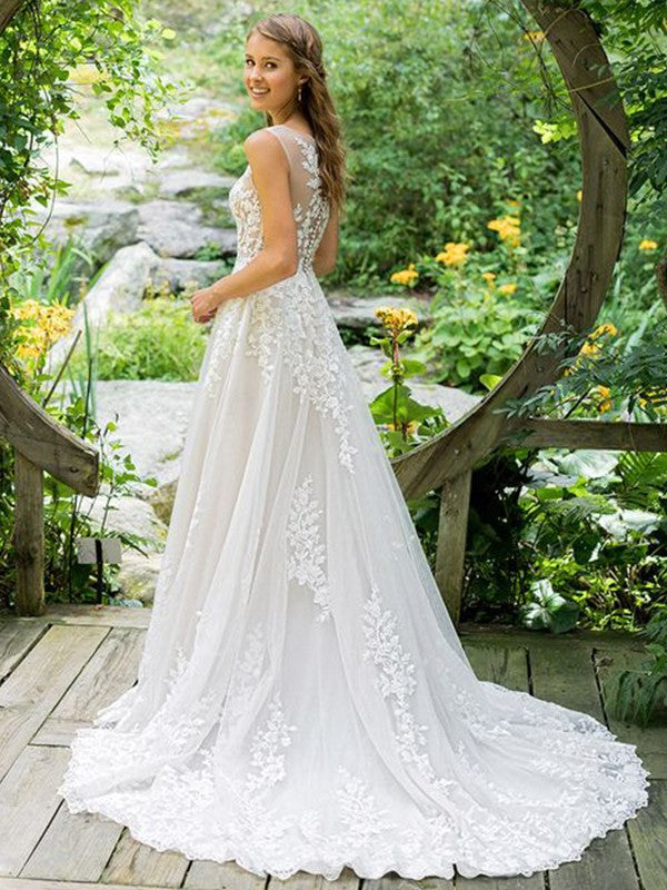 A-Line/Princess Lace Applique Scoop Sleeveless Sweep/Brush Train Wedding Dresses