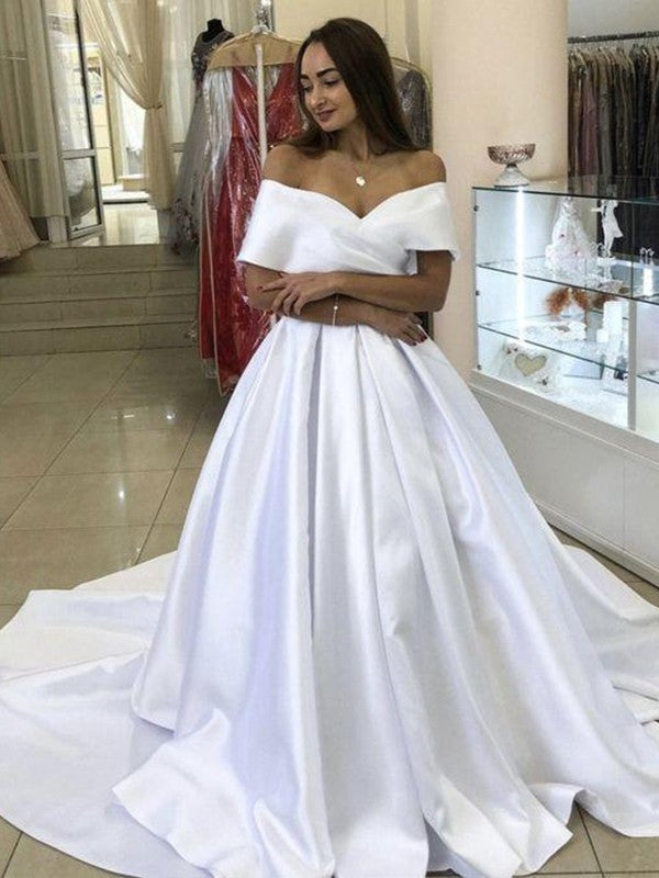 A-Line/Princess Satin Ruffles Off-the-Shoulder Sleeveless Sweep/Brush Train Wedding Dresses