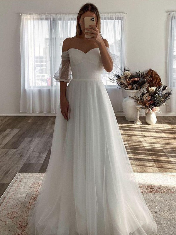 A-Line/Princess Tulle Ruffles Off-the-Shoulder 3/4 Sleeves Floor-Length Wedding Dresses