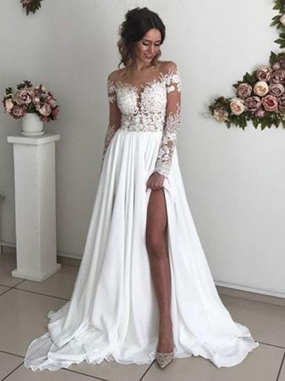 A-Line/Princess Chiffon Applique Scoop Long Sleeves Sweep/Brush Train Wedding Dresses