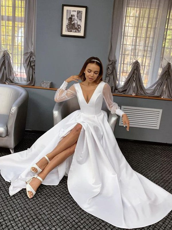 A-Line/Princess Satin Ruffles V-neck Long Sleeves Sweep/Brush Train Wedding Dresses