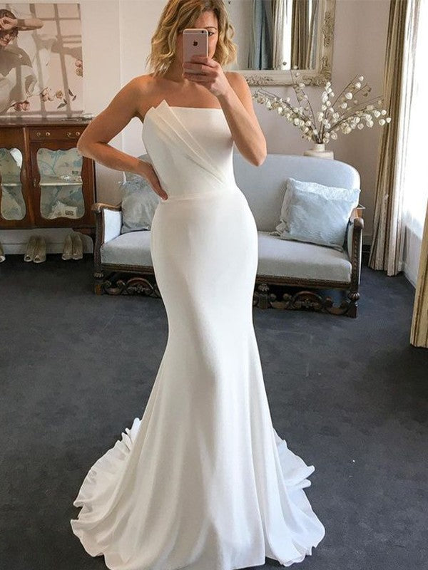 Sheath/Column Stretch Crepe Ruched Strapless Sleeveless Sweep/Brush Train Wedding Dresses