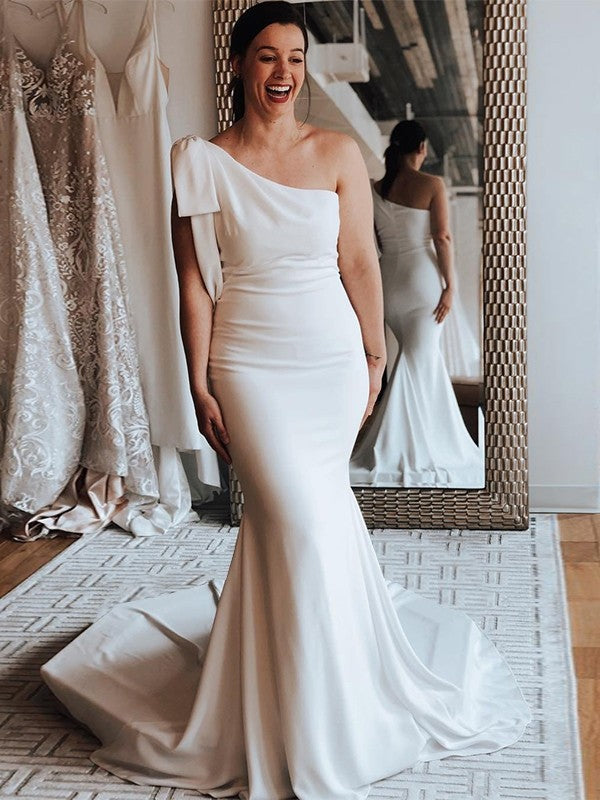 Sheath/Column Satin Ruched One-Shoulder Sleeveless Sweep/Brush Train Wedding Dresses