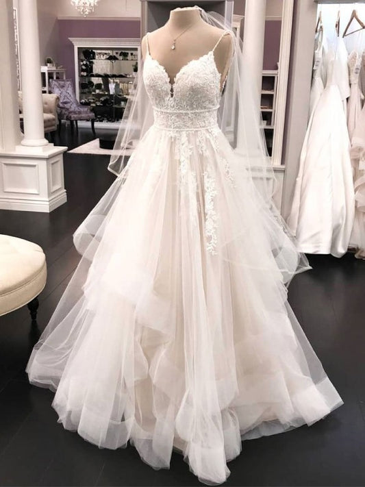 A-Line/Princess Tulle Applique V-neck Sleeveless Floor-Length Wedding Dresses