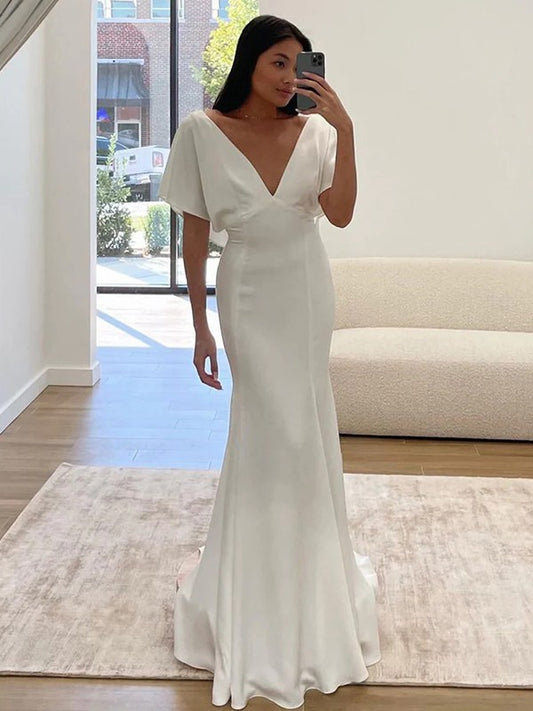 Sheath/Column Charmeuse Ruched V-neck Short Sleeves Sweep/Brush Train Wedding Dresses