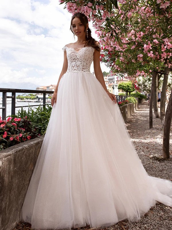 A-Line/Princess Tulle Applique Bateau Sleeveless Court Train Wedding Dresses