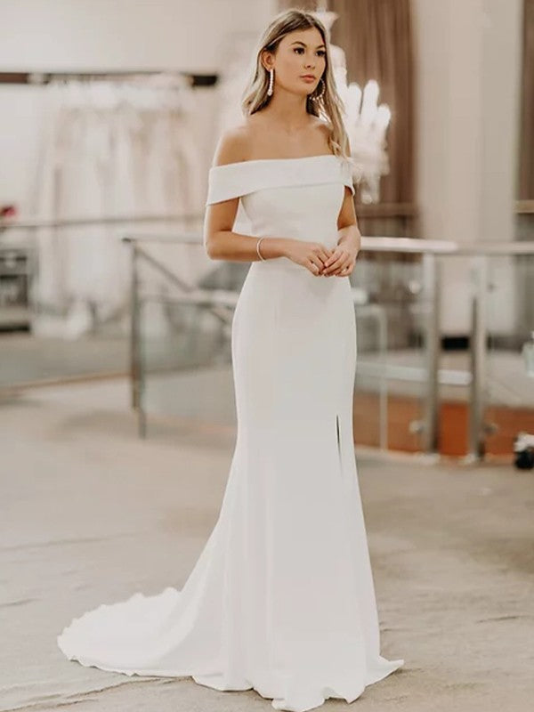 Sheath/Column Stretch Crepe Off-the-Shoulder Sleeveless Sweep/Brush Train Wedding Dresses