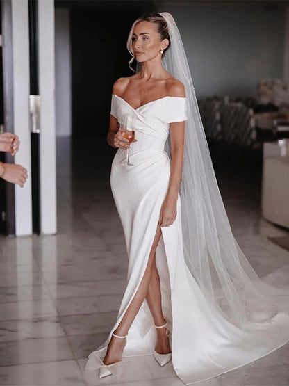 Sheath/Column Charmeuse Ruched Off-the-Shoulder Sleeveless Chapel Train Wedding Dresses