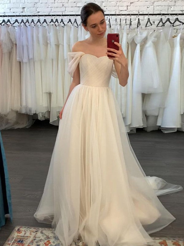 A-Line/Princess Tulle Ruched Off-the-Shoulder Sleeveless Sweep/Brush Train Wedding Dresses