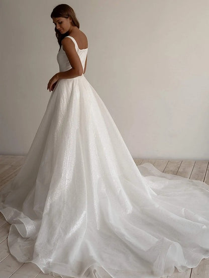 A-Line/Princess Sash/Ribbon/Belt Square Sleeveless Chapel Train Wedding Dresses