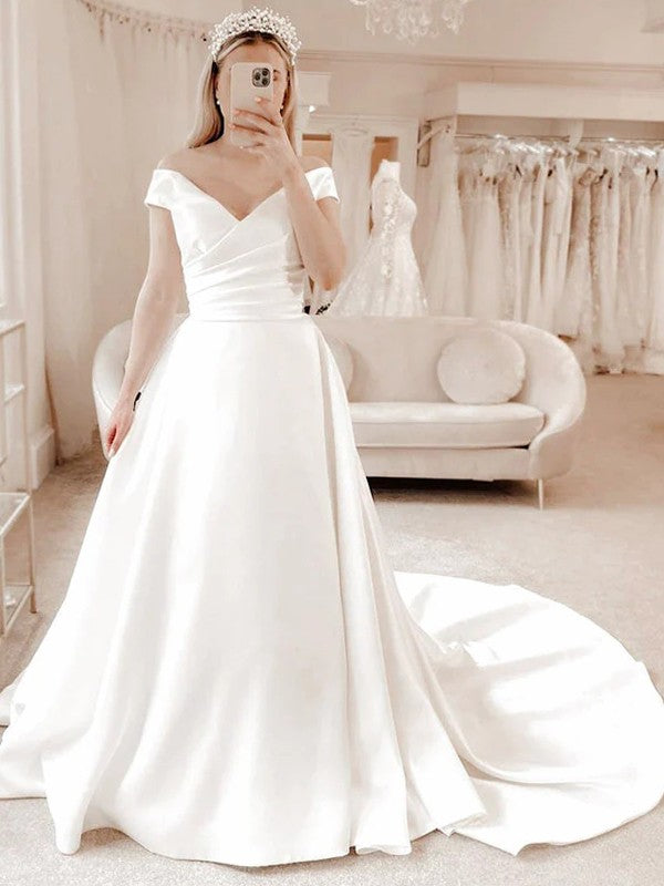 A-Line/Princess Satin Ruched V-neck Sleeveless Court Train Wedding Dresses