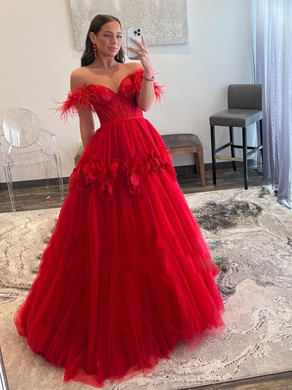 Ball Gown Tulle Feathers/Fur Off-the-Shoulder Sleeveless Sweep/Brush Train Dresses