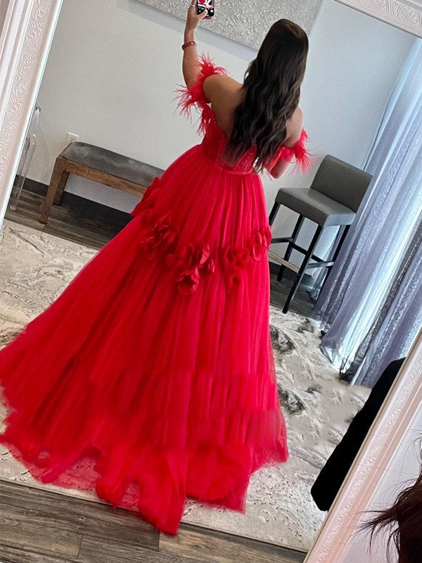 Ball Gown Tulle Feathers/Fur Off-the-Shoulder Sleeveless Sweep/Brush Train Dresses