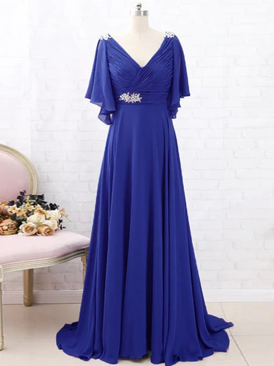 A-Line/Princess Chiffon Beading V-neck Short Sleeves Sweep/Brush Train Mother of the Bride Dresses