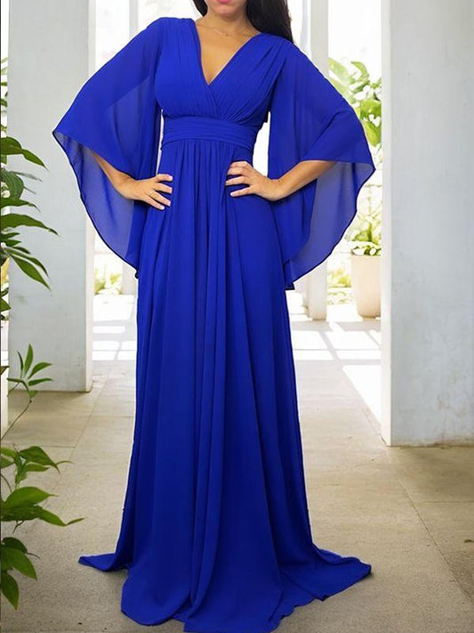 A-Line/Princess Chiffon Ruched V-neck 3/4 Sleeves Floor-Length Mother of the Bride Dresses