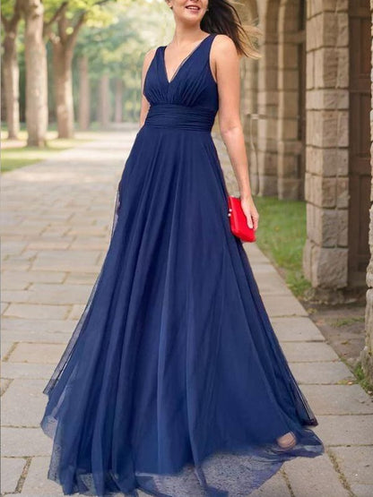 A-Line/Princess Tulle Ruched V-neck Sleeveless Floor-Length Mother of the Bride Dresses