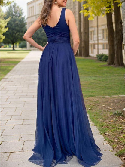 A-Line/Princess Tulle Ruched V-neck Sleeveless Floor-Length Mother of the Bride Dresses