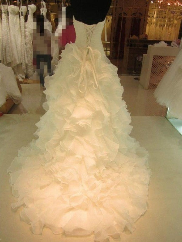 Ball Gown Ruffles Sweetheart Organza Sleeveless Court Train Wedding Dresses