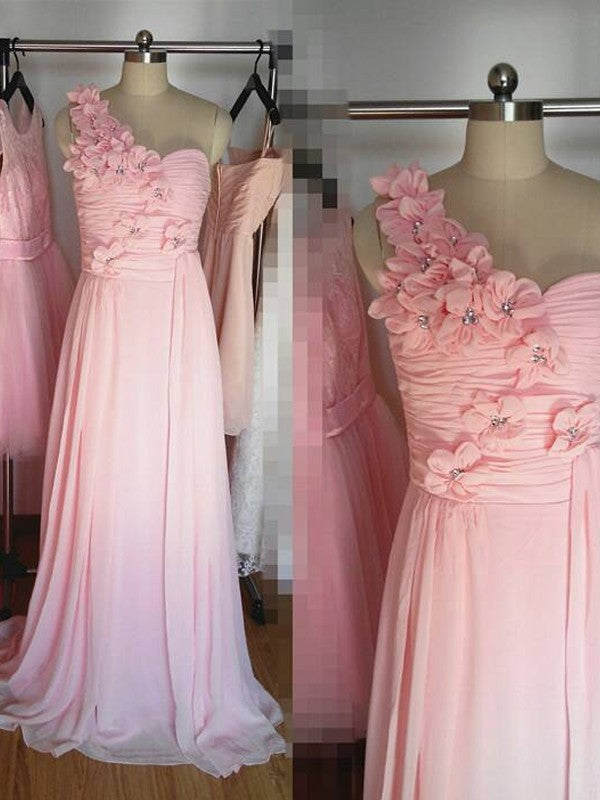 A-Line/Princess One-Shoulder Sleeveless Floor-Length Hand-Made Flower Chiffon Bridesmaid Dresses